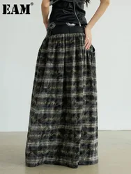 markii [EAM] High Waist Black Leather Plaid Long Vintage A-line Half-body Skirt Women Fashion Tide New Spring Autumn 2024 1DH7072