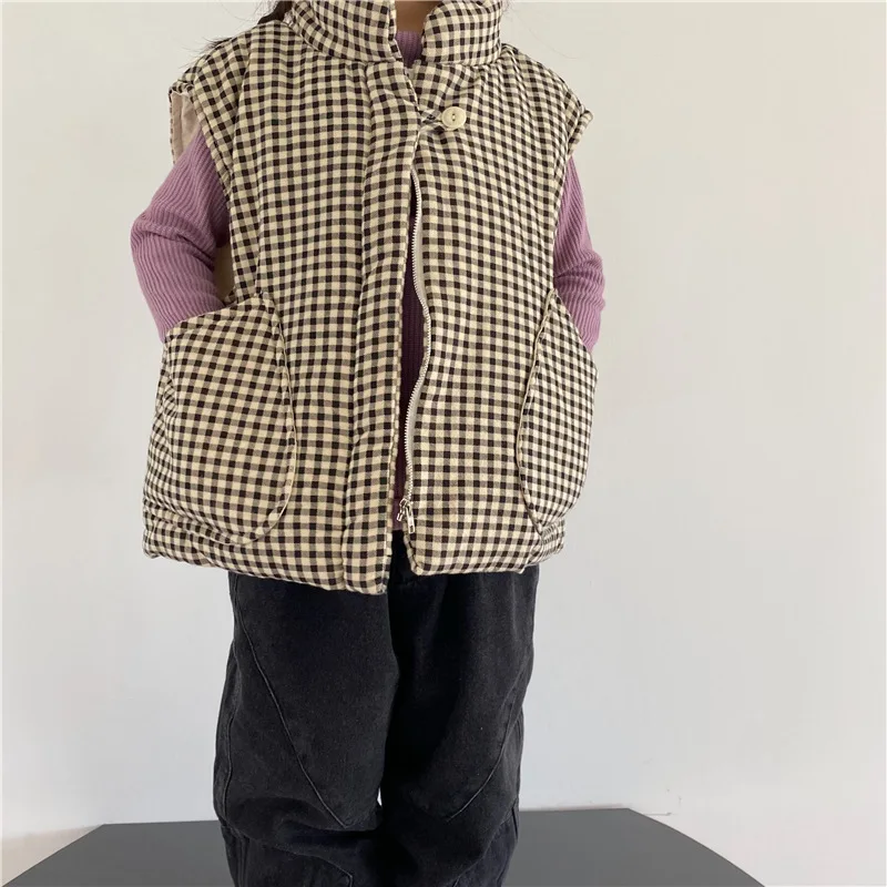 2025 Winter New Children Vest Clothes Fashion Girls Loose Plaid Waistcoat Boys Casual Simple Warm Coat 1-6y Kids Thickened Tops