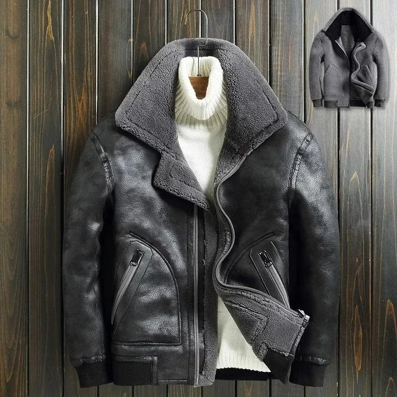 Men's New  Winter Fashion Autumn Reversible Biker Jacket Thickened Wool Jacket Trend Menswear Casual Warm Padded Leather Jacket