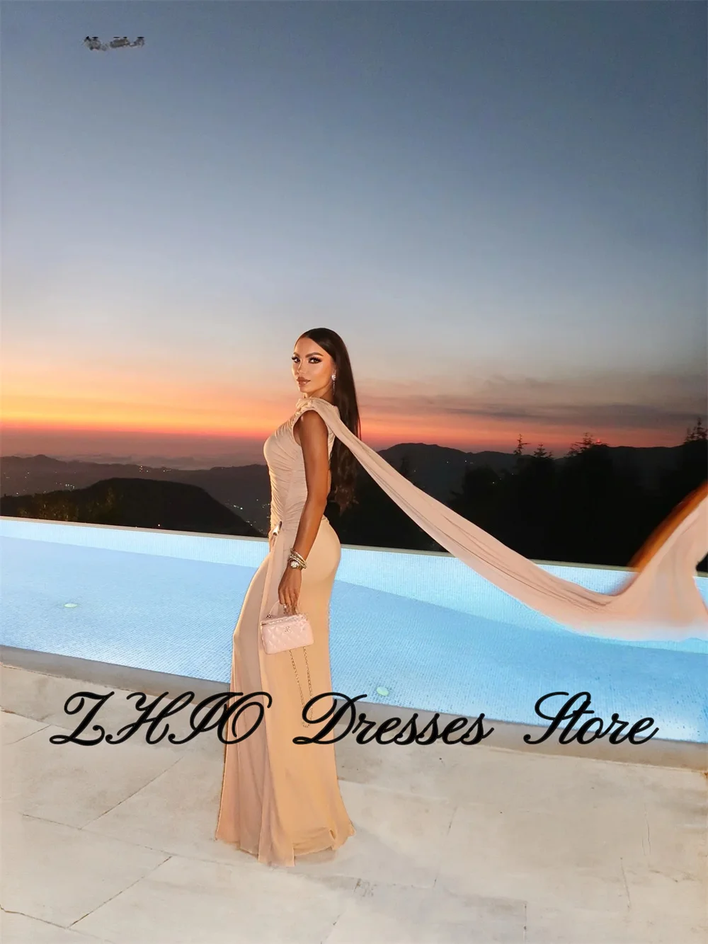 ZHIO Abito da sera in crêpe champagne o collo senza maniche sirena abiti da cerimonia formale pieghe eleganti abiti da ballo personalizzati