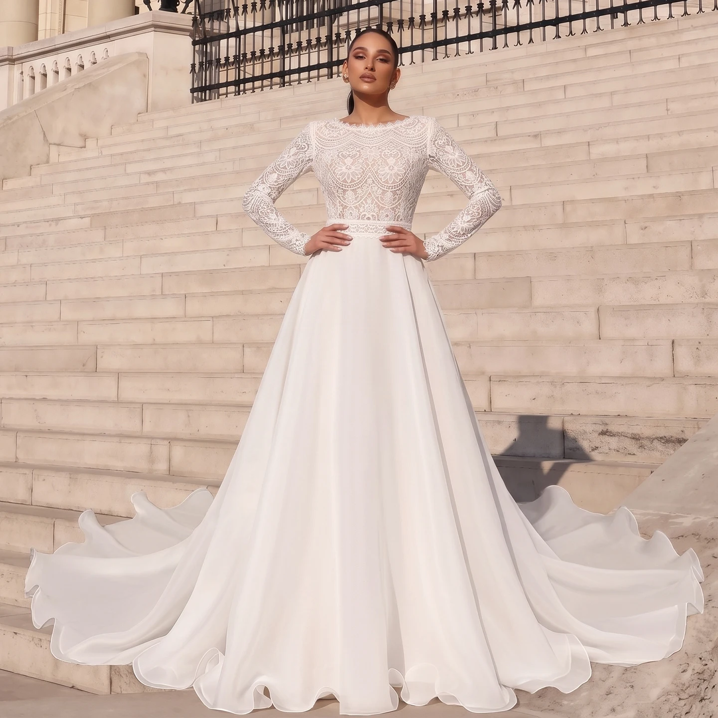 Sheer Fairy Bohemian Flowy Wedding Dress Long Lace Sleeve Chiffon A Line Women' s Elegant Sequined Bridal Gowns SW714 Customized