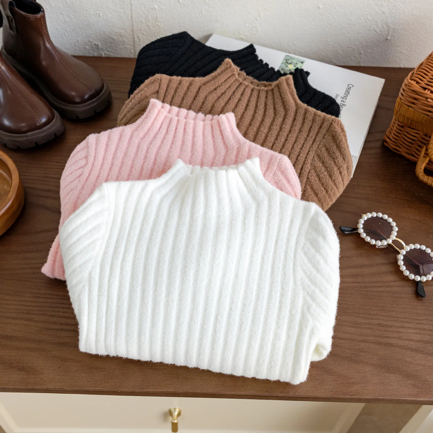 

Girls Sweaters for Autumn and Winter Children Knitted Base Shirts Baby Pullovers Thick Half High Neck Versatile Tops