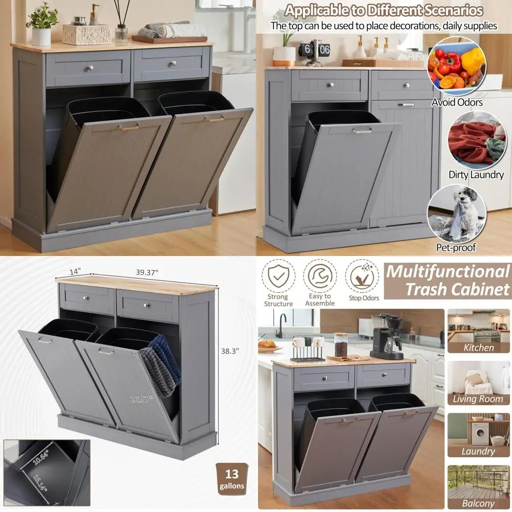 

Double Tilt-Out Trash Can Cabinet, 2x13 Gallon Freestanding Recycling Cabinet with Hideaway Drawer, Hidden Kitchen Trash Solutio