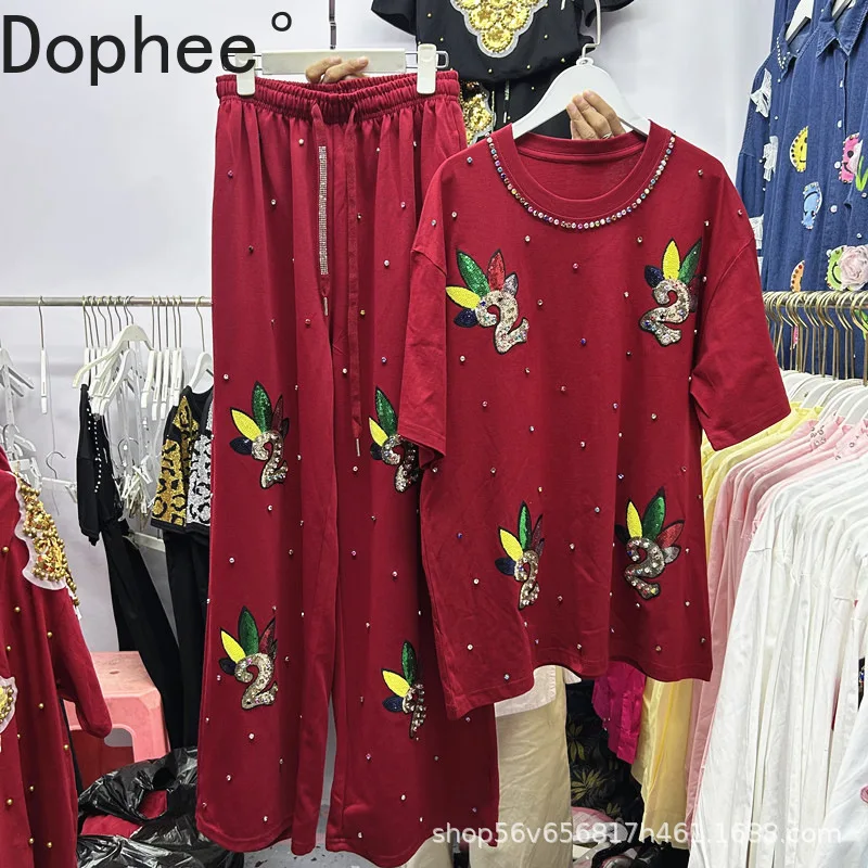 

High Quality Spring Summer Loose Women Sets Embroidery Sequins Diamonds Short Sleeve T-shirt Top + Elastic Waist Casual Pants