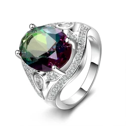 Genuine Rainbow Fire Mystic Created Topaz Ring Colorful Fine Jewelry Engagement Wedding Gift for Women Lady Girls Wholesale