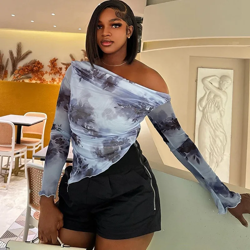 

INS Women's Long Sleeve New T-Shirt Tie-Dye Print Off-Shoulder Asymmetrical Hem