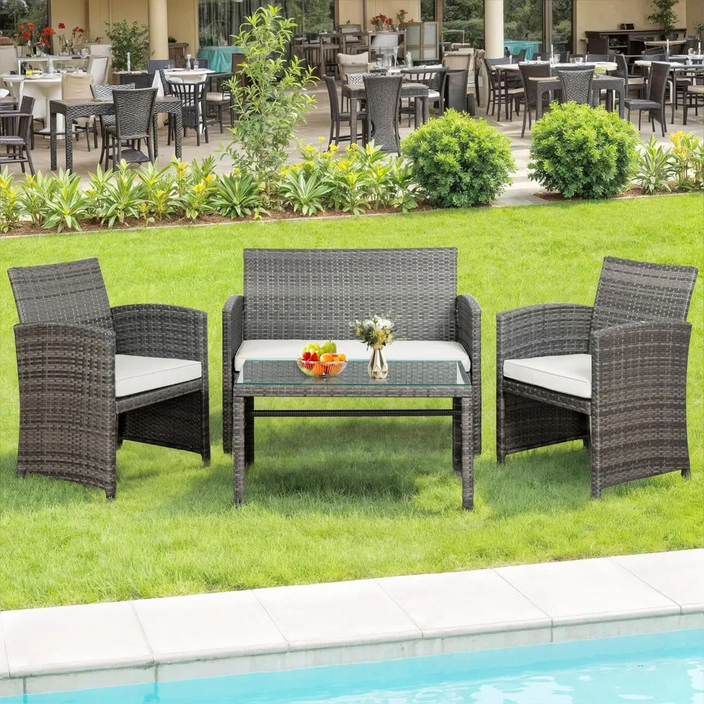 

4-piece outdoor terrace furniture set, wicker chairs and willow conversation set, gray backyard porch garden poolside