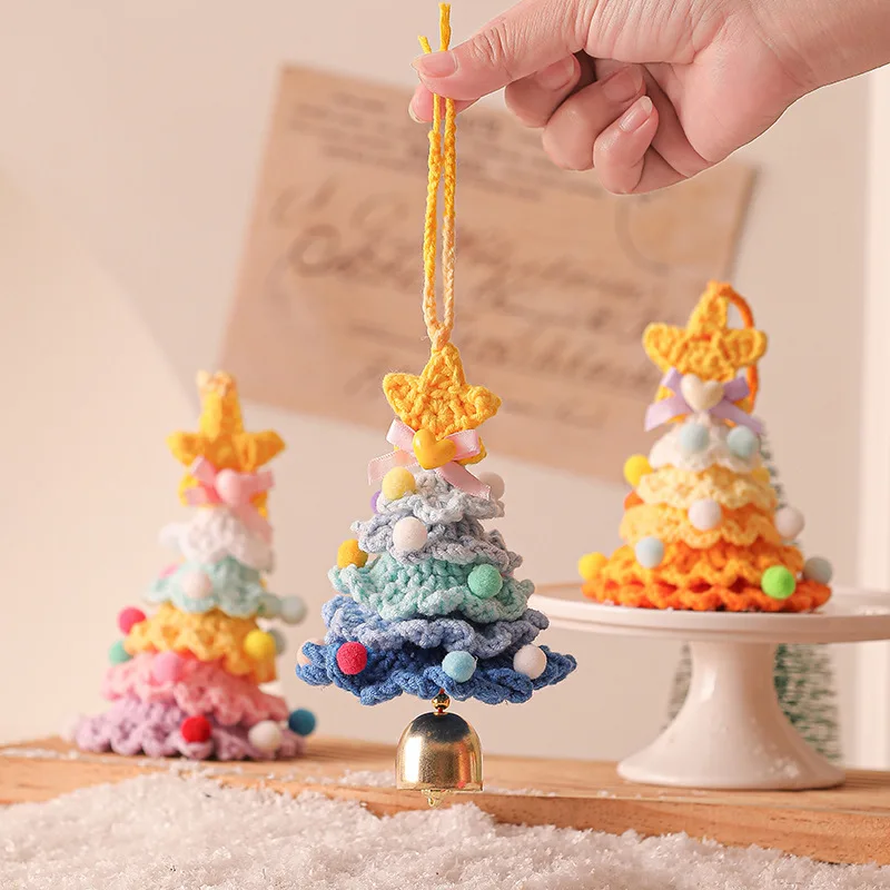 Knitted Christmas Tree with Jingle Bell Plush Christmas Hanging Pendant Wool Crochet Christmas Tree for Christmas Party Decor