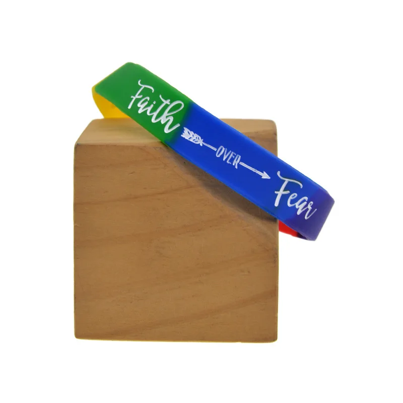 1 PC Faith Over Fear Christian Inspirational Silicone Wristband Rainbow Color Rubber Bangle