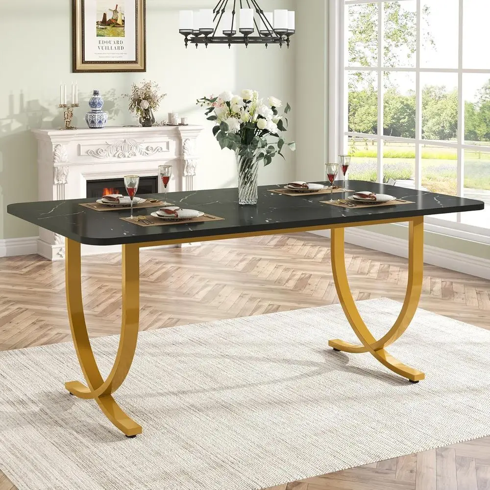 

Modern 63 Faux Marble Top Dining Table for 4, Black & Gold Metal Legs, Perfect for Kitchen & Dining Room