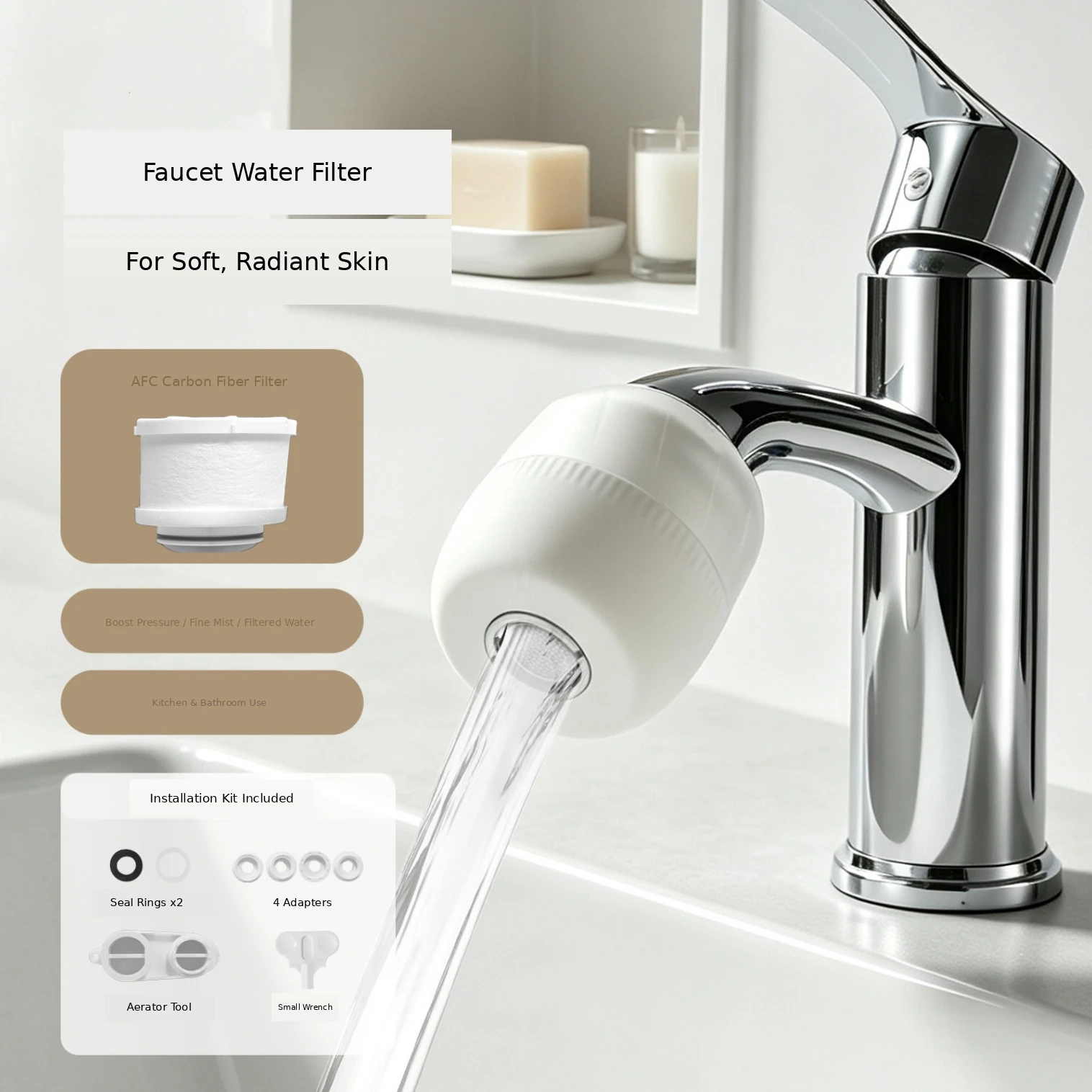 New Kitchen Fauce with Filter 2 Purifies Tap Water Removes Chlorine Water Saving Boost Pressure Use For Kitchen Bathroom Tap