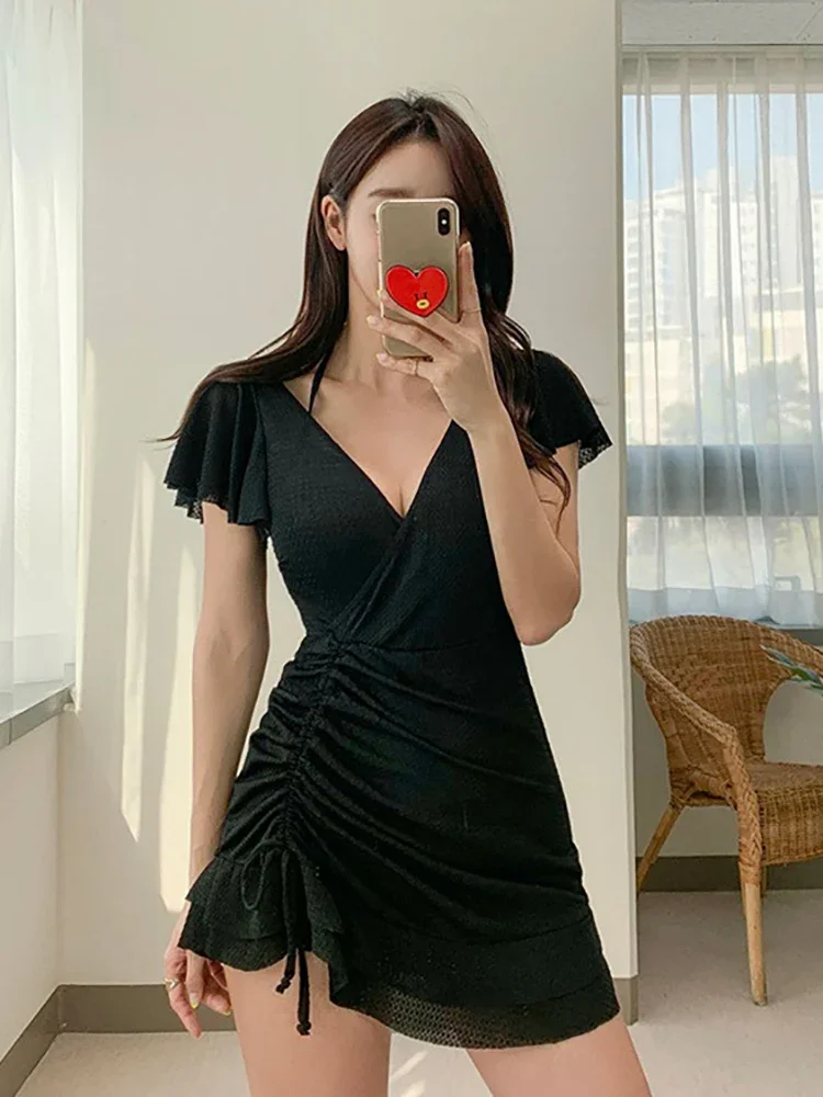 Red Ruffle Swimsuit Women Summer V Neck One-piece Swimwear Female Skirt Swim Bathing Suit Push Up Slimming Korean Swimdress