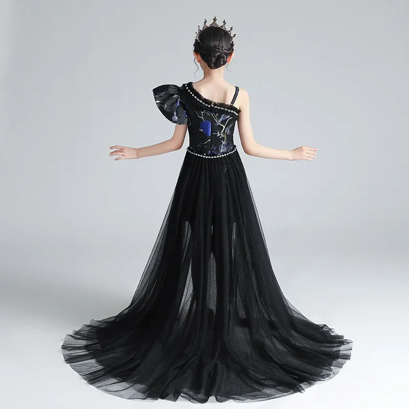 Vestido de noche para niñas, vestido bordado con volantes y un hombro, dobladillo alto y bajo, tren de tul, vestido de fiesta Formal, disfraz de desfile para niños