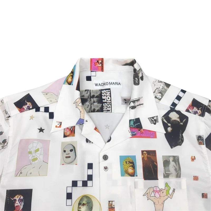 WACKO MARIA Creative Figures Masks Abstract Art Casual Fashion Brand Hawaii Short Sleeve Shirt Summer Mens Womens Shirts
