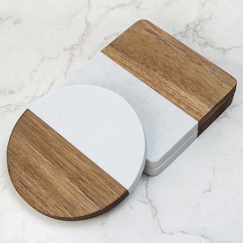 4Pcs Marble Acacia Wood Coasters Round Square Drink Coaster Set Modern Coffee Table Mat Placemat Cup Pad Home Decor Stylish Gift