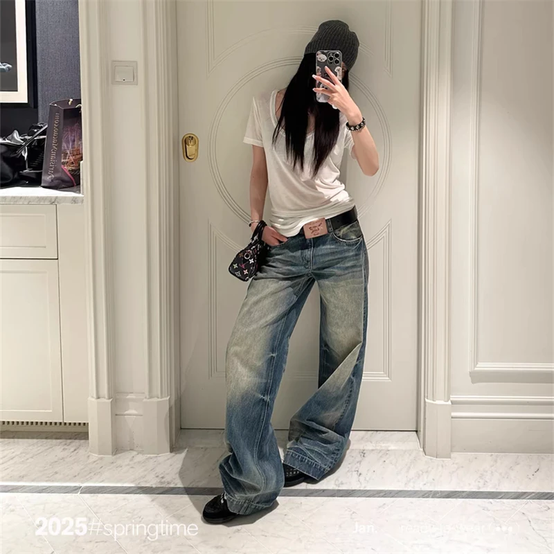 

Women's Grinding White Retro Blue Straight Jeans Daily Outfit Vintage Trousers Cool Girl Bottoms Female High Waist Wide Leg Pant