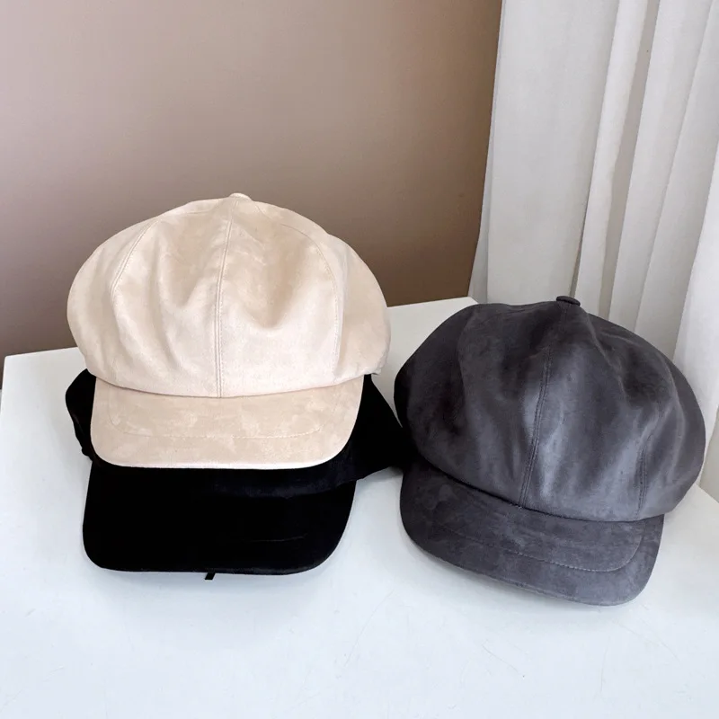 

Японская однотонная элегантная кашемировая восьмиугольная шляпа, женская осенне-зимняя бархатная теплая кепка, однотонная ветрозащитная и холодная шляпа газетчика