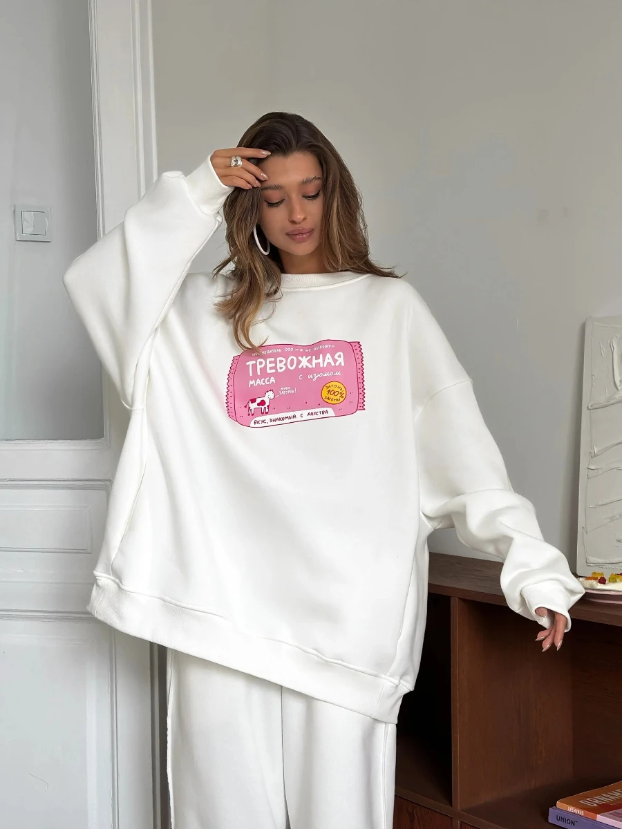 Autumn Winter Printing Warm Sweatshirt Loose Round Neck Oversized Chic Women's HoodiesTrendy Casual Office Lady Pullover