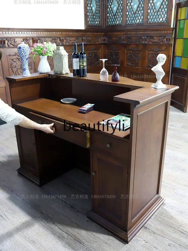Q181 1 Solid wood retro mirror small mini bar counter cabinet reception desk bar space