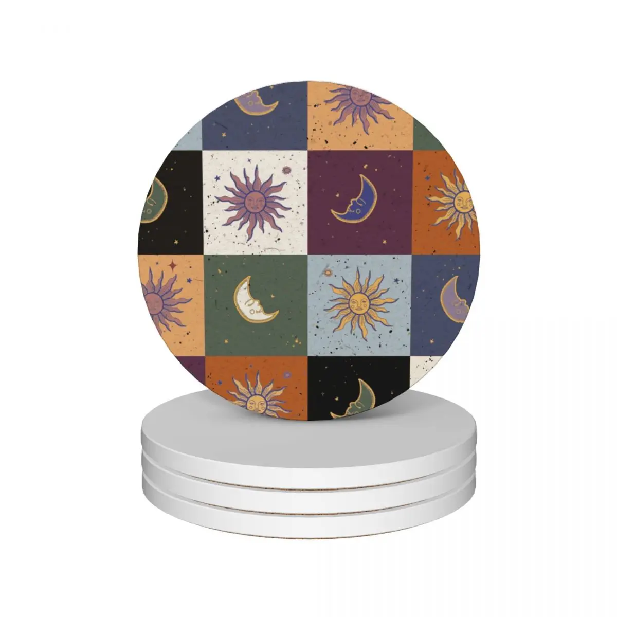 

Mystical Checkerboard Pattern (Moon, Sun) Ceramic Coasters (Set of 4) coffee mug set mat for dishes Coasters