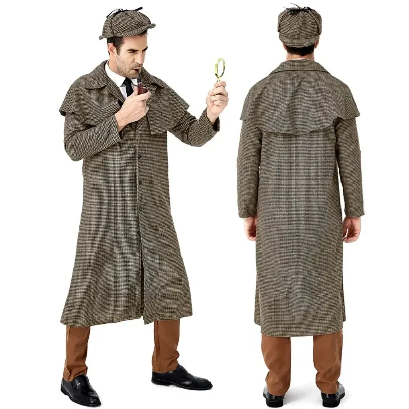 Detective Cosplay Costume Boy Girl British Style Checkered High Collar Coat for Men & Women Halloween Outfit Game Uniform