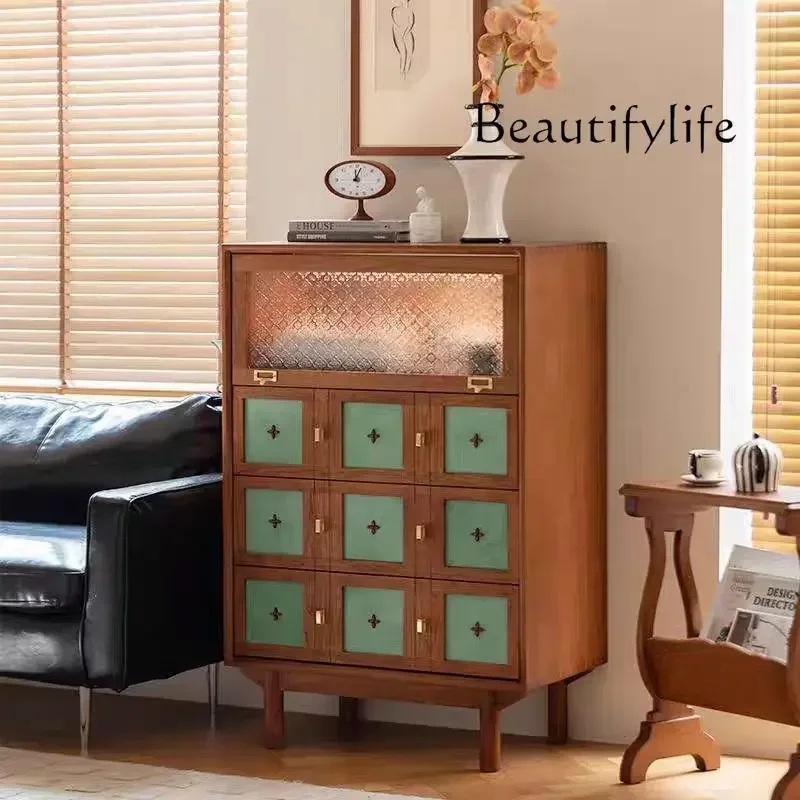 

French retro style cherry wood solid wood bucket cabinet living room dining side cabinet sofa TV cabinet next to gilt