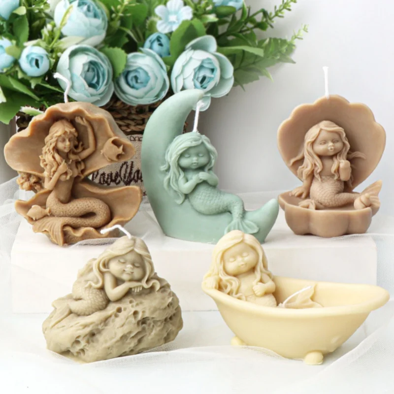 Oceanid Shell Mermaid Candle Silicone Mold Human Girl Sleep Soap Resin Plaster Mould Conch Coral Chocolate Making Decor Gifts