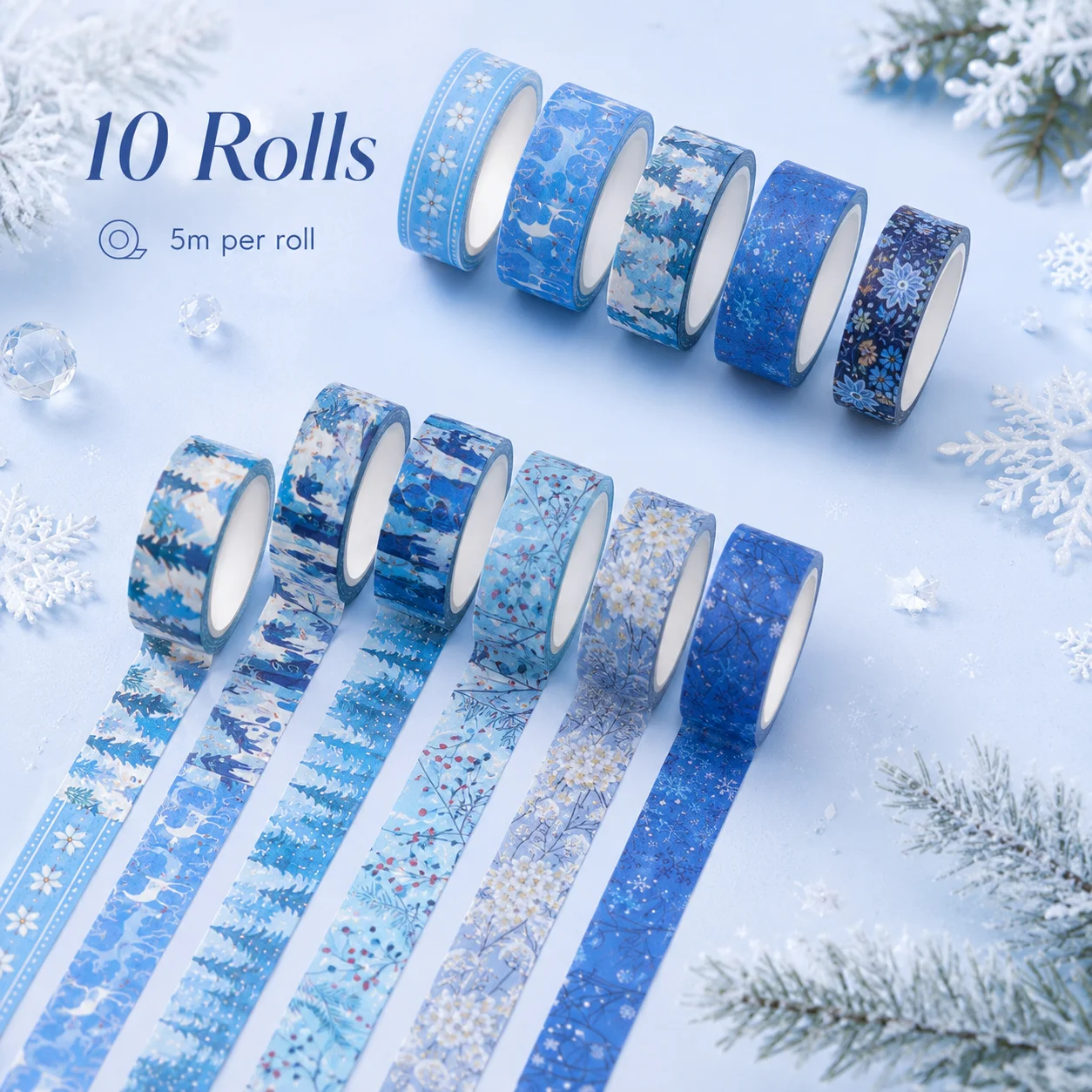 10 Rolls Blue Winter Washi Tape 15mm x 5m Assorted Snowflake Forest Decorative Tape for Planner Journal Scrapbook Craft Supplies
