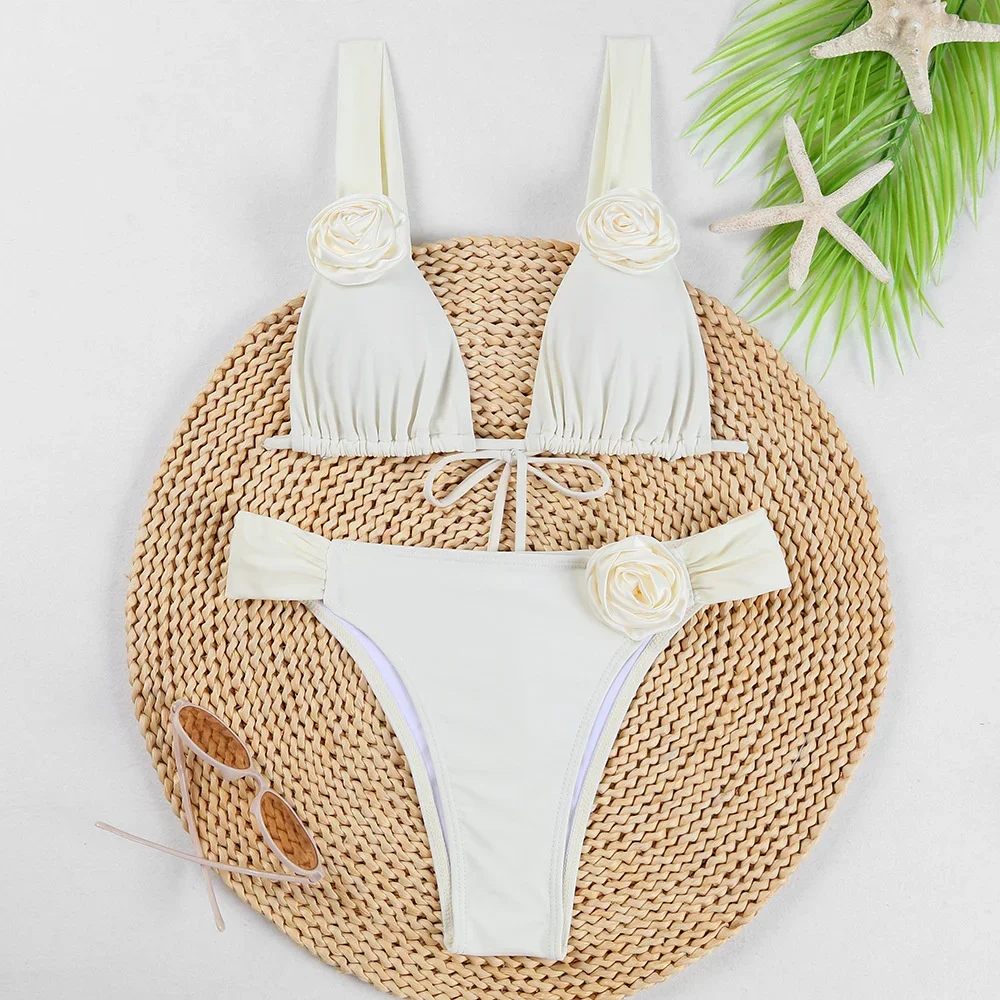 Bikini de flores con tirantes anchos para mujer, traje de baño con espalda descubierta, bañador Floral de dos piezas con realce, ropa de playa, trajes de baño