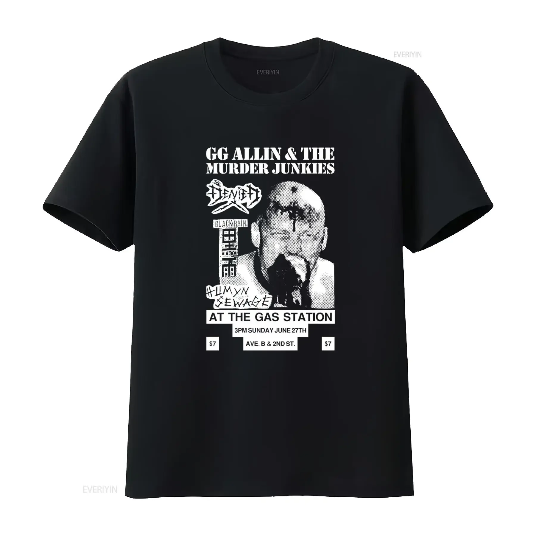 GG Allin The Murder Junkies Final Show Flyer Punk Rock T Shirt Black Rain Humyn Sewage At Gas Station Design vintage Washed