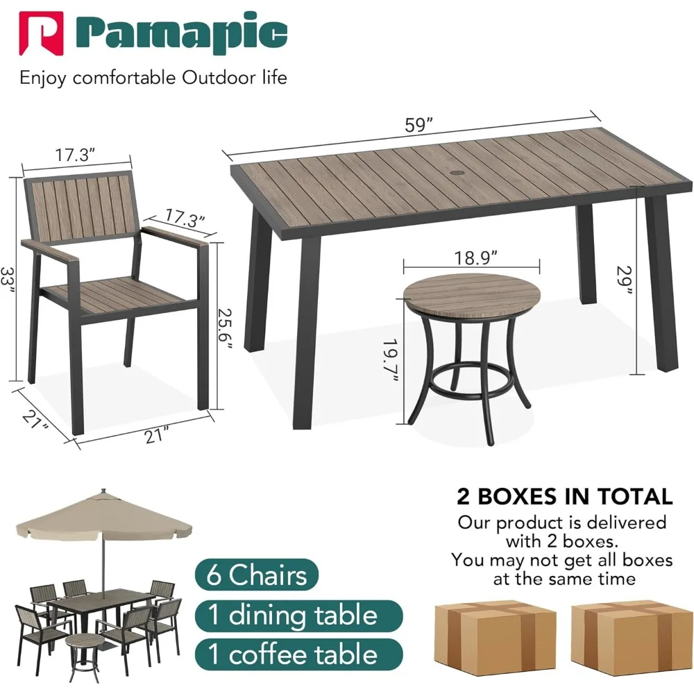 8-Piece Patio Dining Set，Outdoor Aluminum Furniture Set with Plastic-Wood Table,Outdoor Furniture Set with 6 Outdoor Furniture