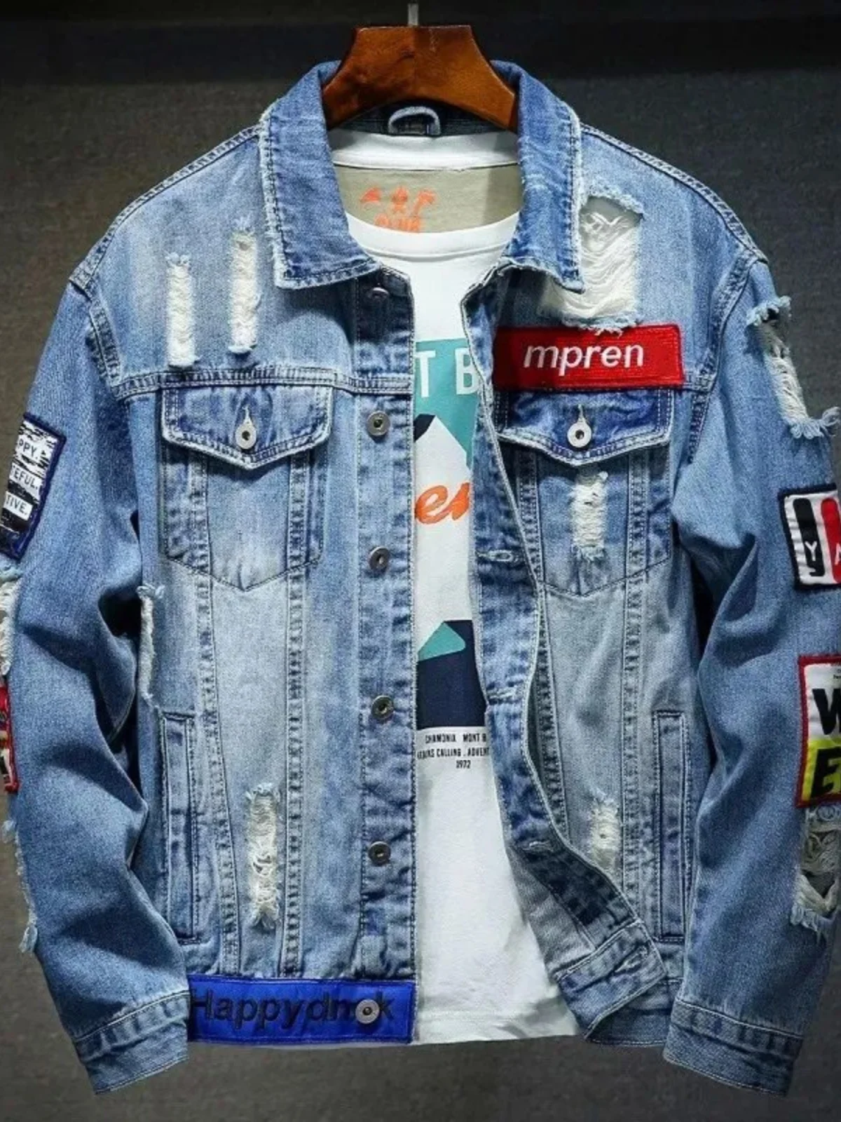 

Свободная рабочая одежда с вышивкой, джинсовая куртка, мужская повседневная длинная све, застежка-молния, молодежная модная осенняя верхняя одежда, ветрозащитная