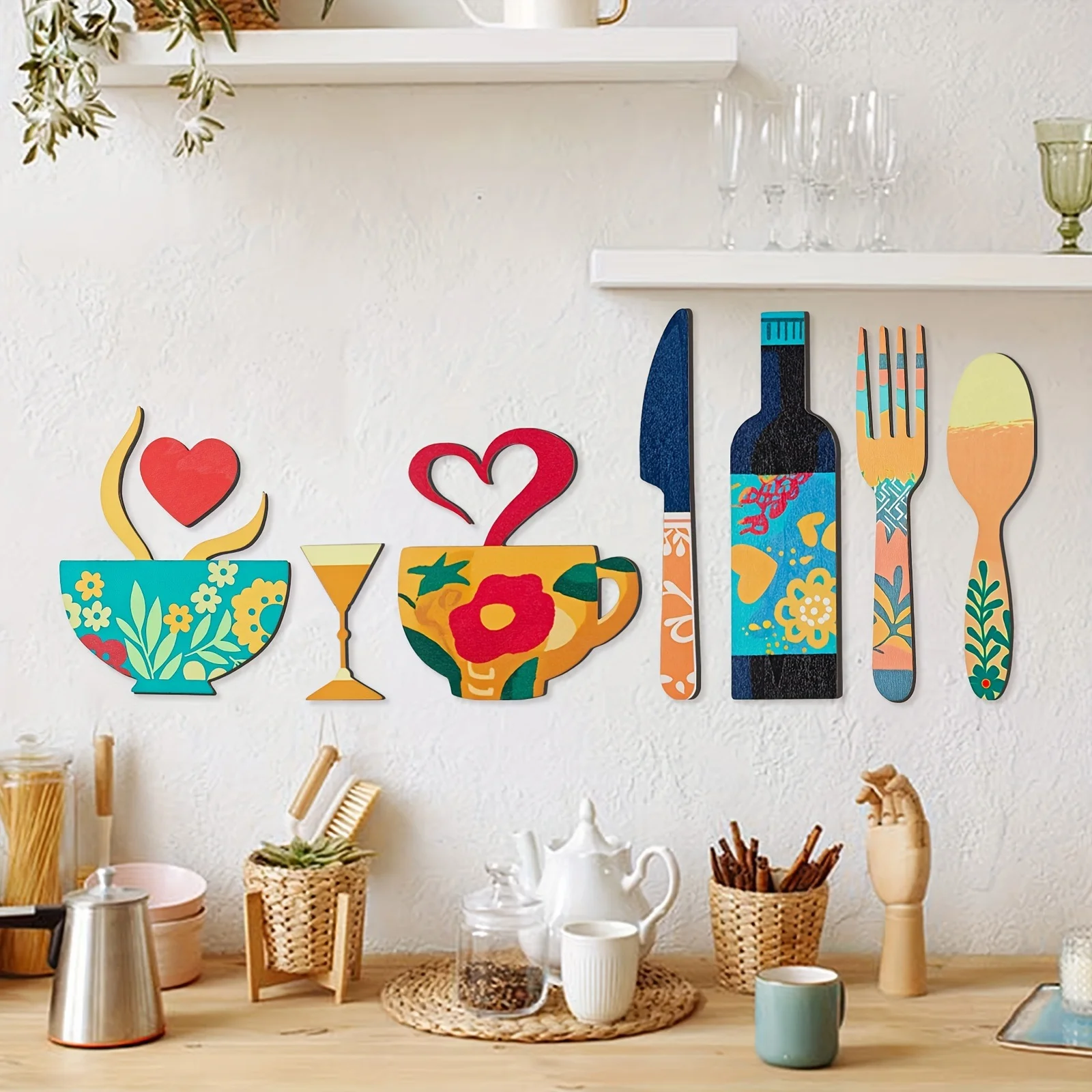 7-piece creative wooden wall decor set, featuring fork, cup and wine glass patterns - suitable for kitchen wall decoration.