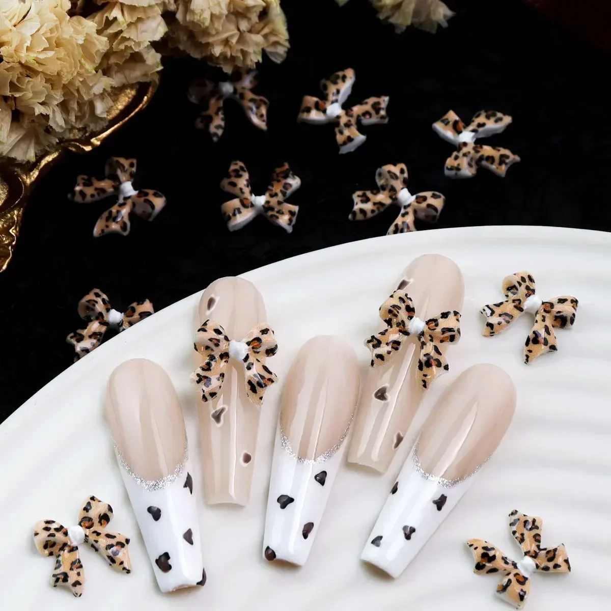 30pcs 3D Leopard Print Bow Nail Art Charms Kawaii Bows Decorations Accessories Valentine's DIY Nail Art Design Supplies