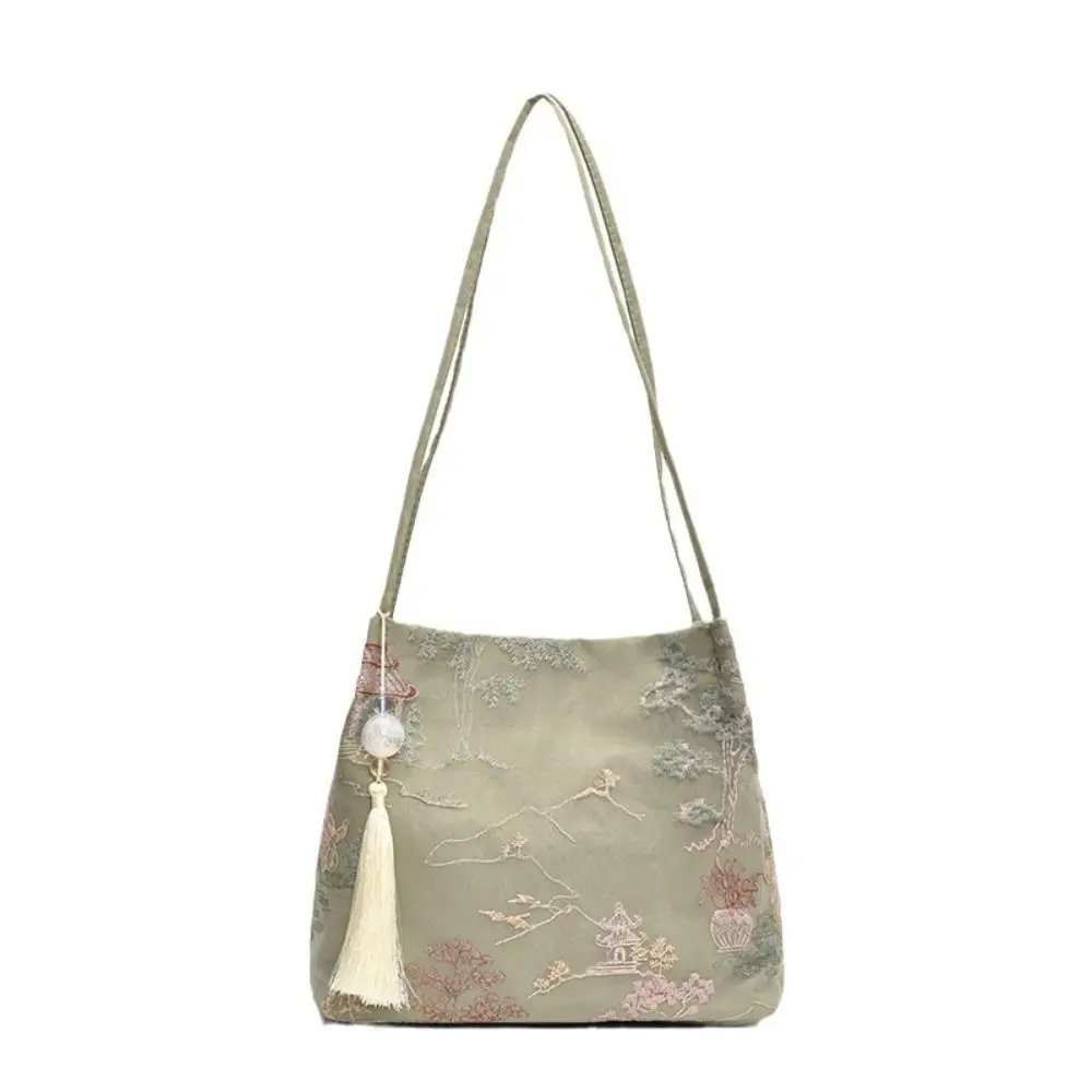 

Large Capacity Chinese Style Handbag Embroidery Pearl Tassel Cheongsam Bucket Bag Silk Tote Bag Ancient Underarm Bag Streetwear
