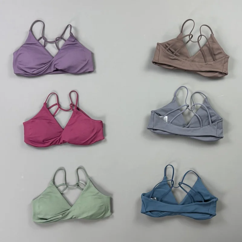 Soutien-gorge de sport Vision pour femme, col en V, devant torsadé, bretelles fines, dos croisé, sans couture, rembourré, pour yoga, gym, pilates, course à pied et entraînement