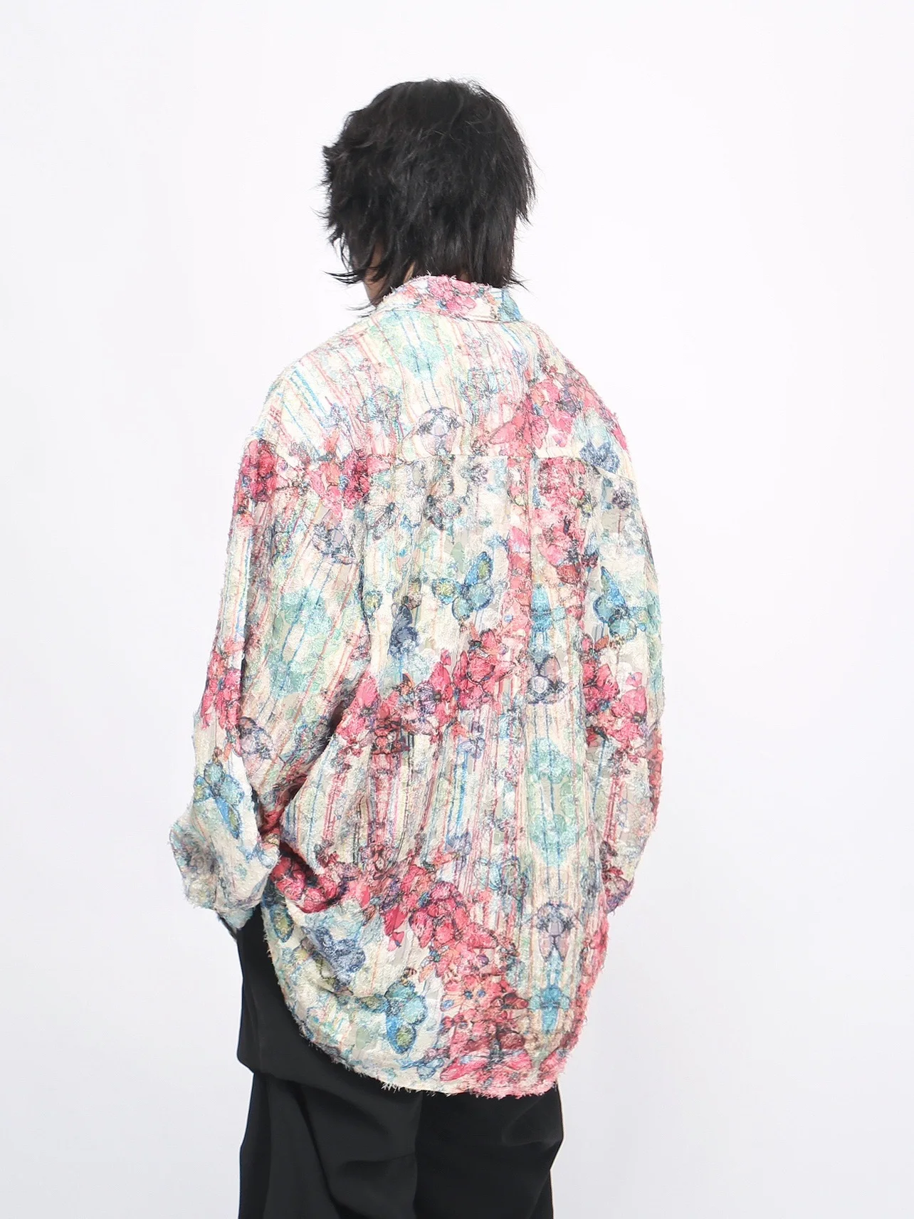 2025 Spring and Autumn New American Retro Design Butterfly Graffiti Print Red and Blue Loose Casual Long Sleeve Shirt