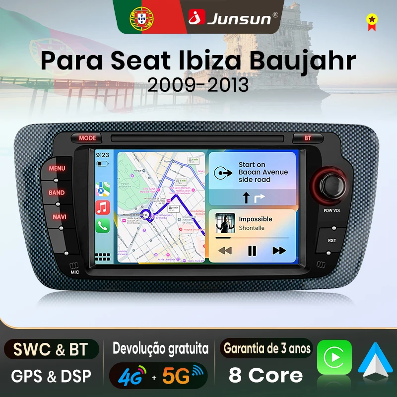 Rádio Automotivo Junsun 7" Wireless CarPlay Android Auto 8-Core com Comando de Voz AI para Seat Ibiza 6J MK4 2008-2013, GPS, Multimídia, Tela