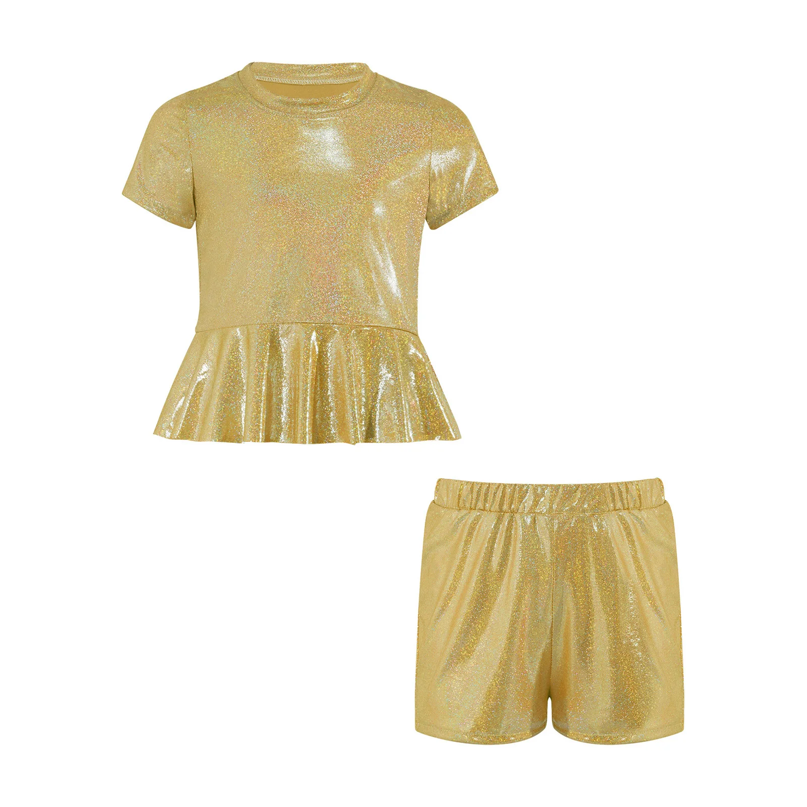 Kids Girls Rhythmic Modern Jazz Cheerleading Costume Metallic Solid Color Short Sleeve Peplum Top for Hip Hop Stage Performance