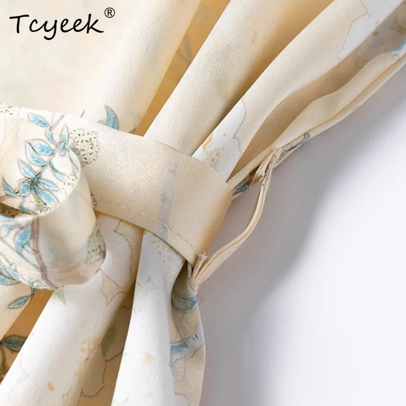 Tcyeek Women's 100% Mulberry Silk Dress,Plain Satin Printing Straight O-neck Loose Short Sleeved Summer Chemise Dress D55624JF