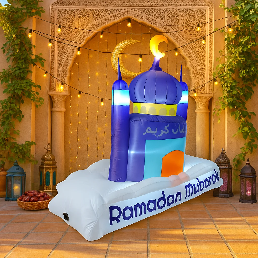 7FT Inflatable Toys Eid Mubarak Purple Dome Inflatable Mosque Decor LED Light Crescent Islamic Ramadan Inflatable For Yard
