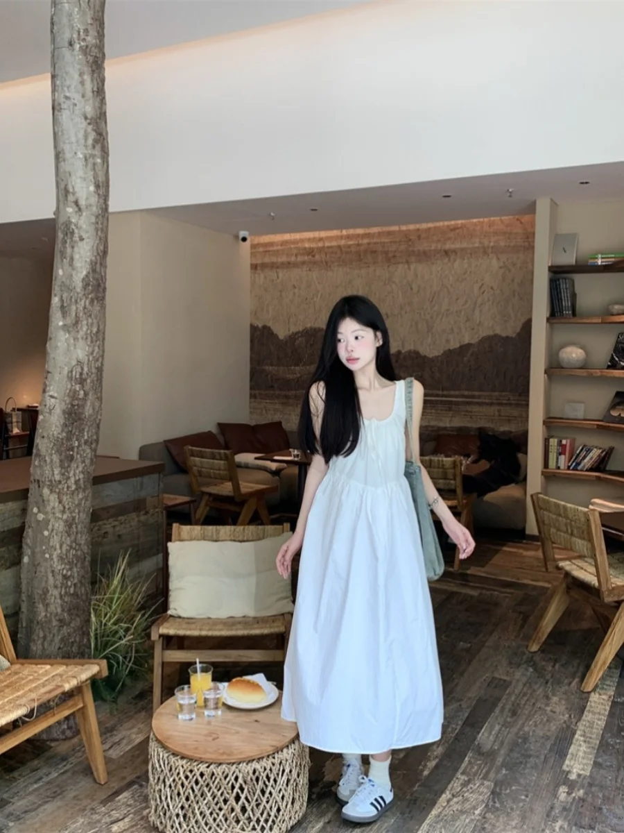 Koreanisches SLE-Sommer-A-Linien-Dr. Damen-Trägerkleid mit Gürtel, lässig, U-Neline, No-Slee, langes Dr für den Urlaub