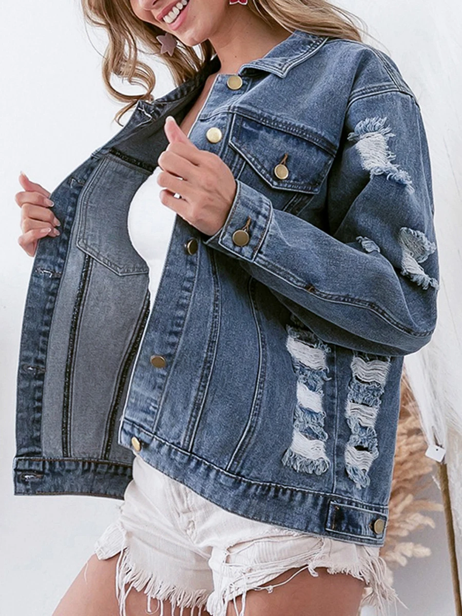 Women s Lapel Collar Denim Jacket Long Sleeve Flag Print Button Down Boyfriend Jean Jacket Biker Coat