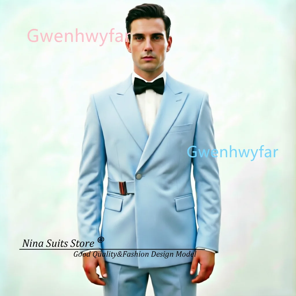 

G&N 2026 Autumn New Men's Party Outfit Jacket Pants Sky Blue Custom Made Gold Buckle Men Suits for Wedding Prom Ball Suits