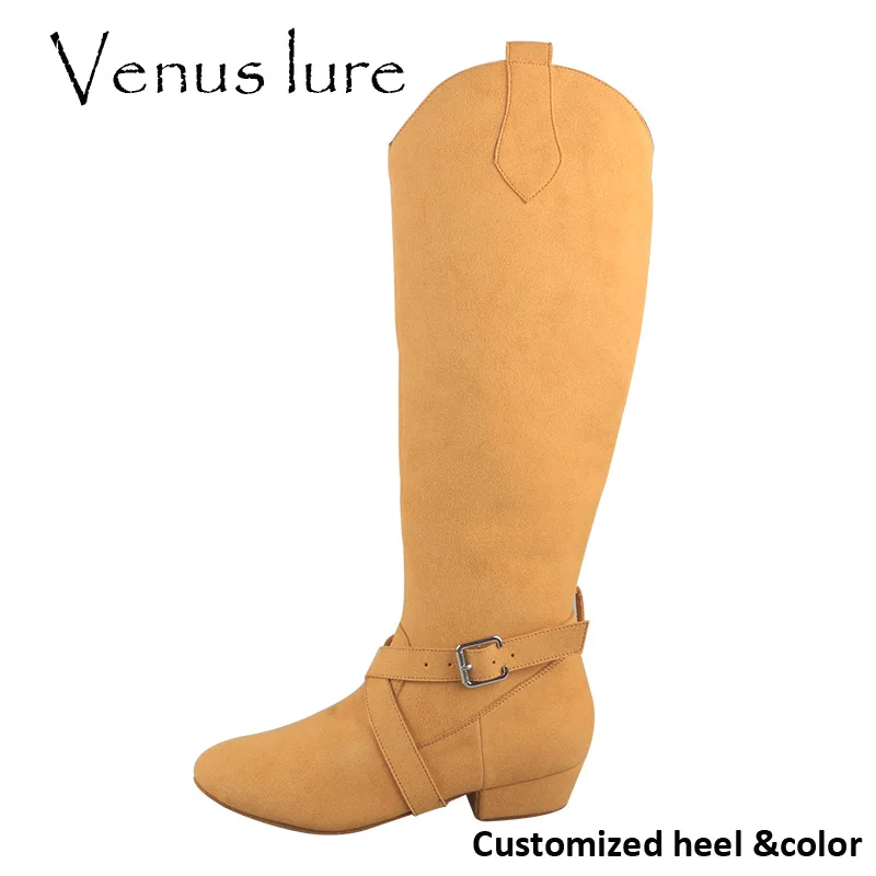 Venus Lure-Personalizado Saltando Botas de Dança com Zíper, Sola De Camurça, Botas De Dança Alta Do Joelho, Damasco Salto Cubano, 2.5cm 3cm 4cm