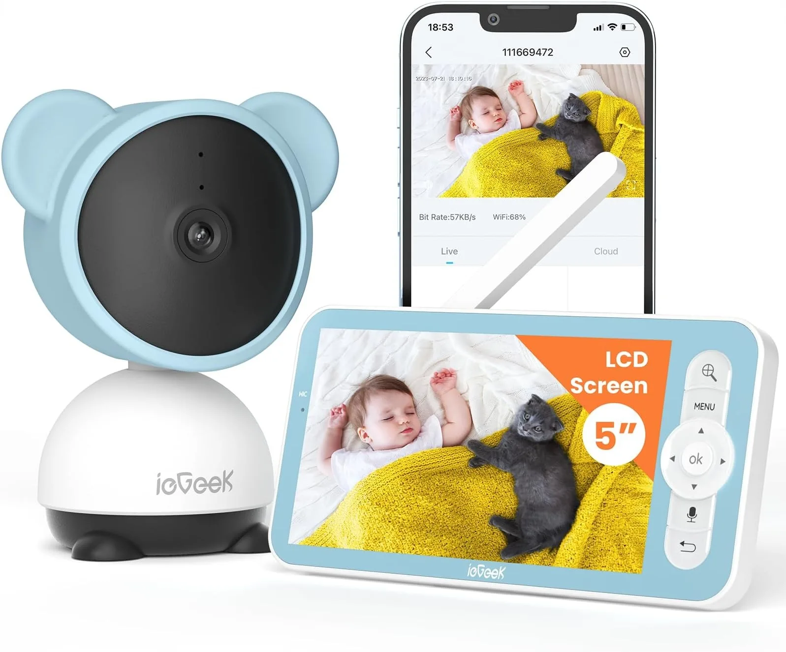 ieGeek 1080P/ 5 Inch Useful Baby Monitor Camera, PTZ 355° Baby Phone Video Connected Smartphone, Baby Video Phone