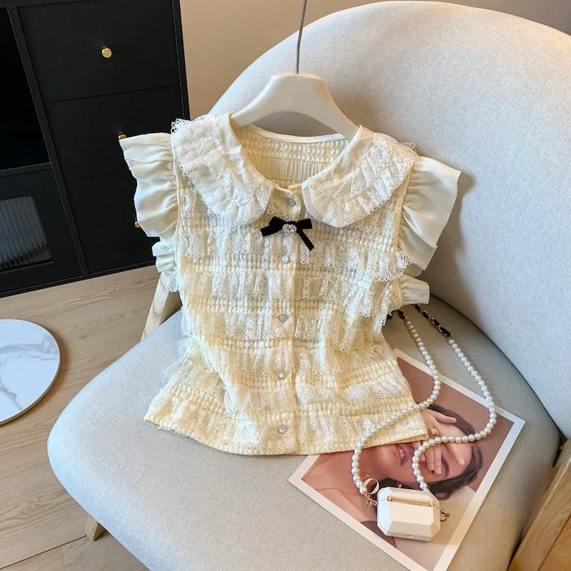 أنيقة الحلو الدانتيل المرقعة القوس قميص المرأة اليابان الكورية نمط Blusas Mujer الصيف موضة المرأة البلوزات قميص فام