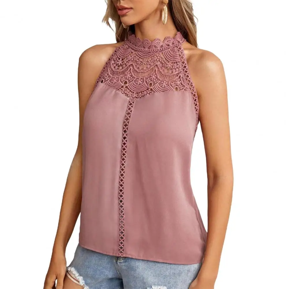 

Lace Shirt Halter Neck Women's Vest Hollow Stitching Top with Solid Color Decoration Blouse for Ladies