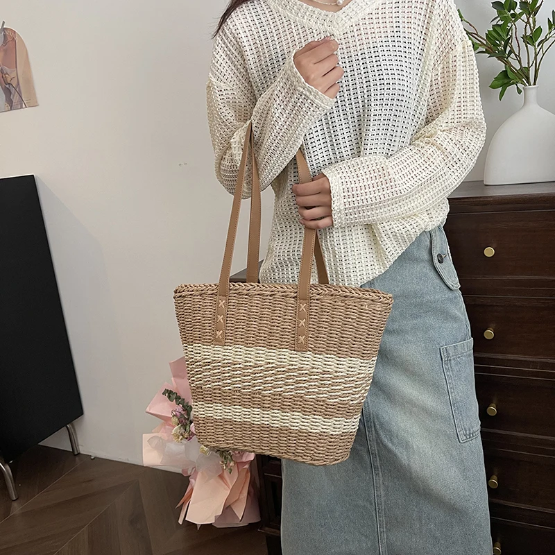 

Elegant Ladies Straw Woven Handbag Women Holiday Beach Commute Casual Tote Top-Handle Bags Fashion Retro Shoulder Bags 2024