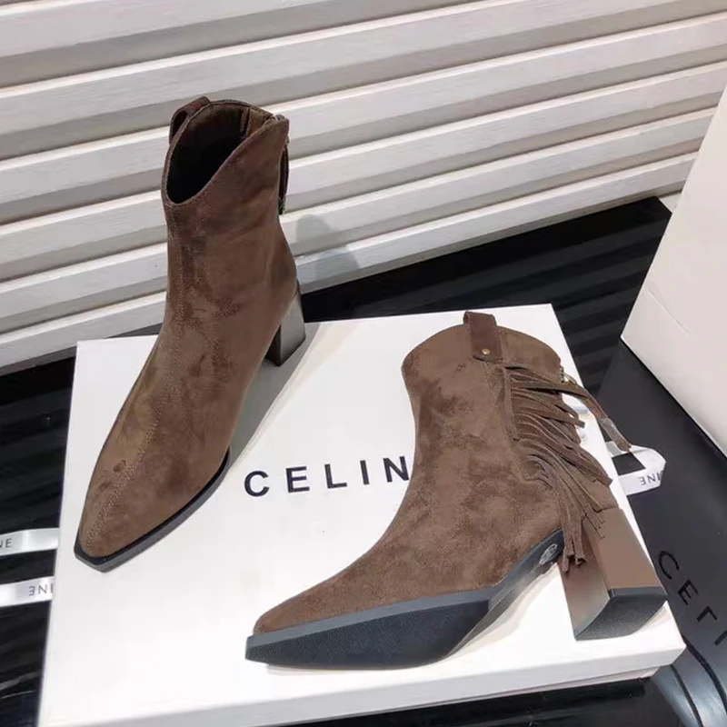 

Fringe Women's Ankle Boots High Heels Pointed Toe Suede Shoes 2025 Winter New Elegant Pumps Fashion Chunky Mujer Chelsea Botas
